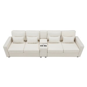 VYNXARIA 114.2in Upholstered Sofa with Console, 2 Cupholders and 2 USB Ports Wired or Wirelessly Charged, Modern Linen Fabric Couches with 4 Pillows - 1 of 4