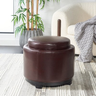 Transitional Cordovan Round Ottoman with Storage Tray