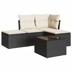 vidaXL 5 Piece Patio Sofa Set with Cushions Black Poly Rattan - Black and Cream With Table - 1 of 4