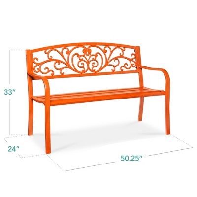Carrot Orange Steel Outdoor Bench with Floral Backrest