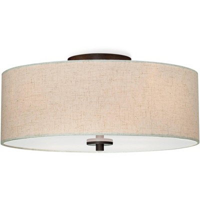 Bronze Flush Mount Ceiling Light with Oatmeal Drum Shade