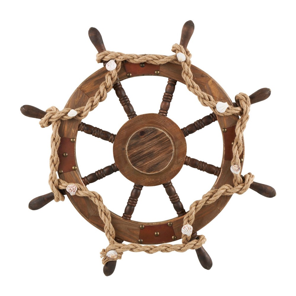 Photos - Wallpaper 35"x35" Wood Ship Wheel Handmade Wall Decor with Rope and Shell Accents Br