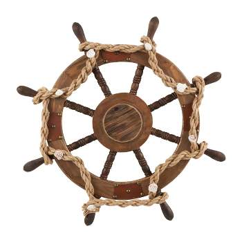 35"x35" Wood Ship Wheel Handmade Wall Decor with Rope and Shell Accents Brown - Olivia & May