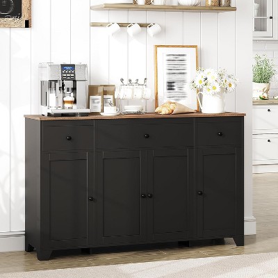 55"Sideboard Buffet Cabinet with Storage, Minimalist Farmhouse Console Table with 3 Drawers & 4 Doors, Coffee Bar for Kitchen