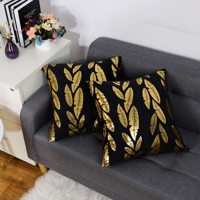 2 Pcs 18"x18" Polyester Gold Stamping Leaves Decorative Pillow Cover Black - PiccoCasa