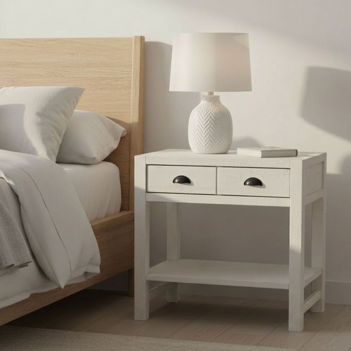 Alaterre Furniture Arden 2-Drawer Nightstand with Open Shelf, Solid Pine Wood, Driftwood White Finish, Metal Drawer Glides, Ideal for Bedroom Storage