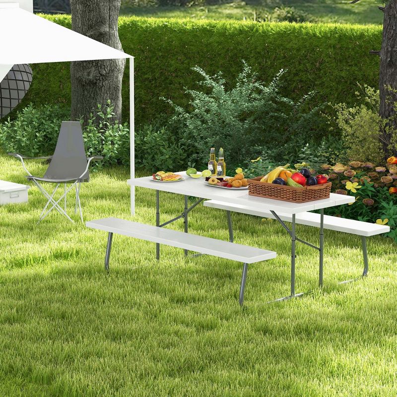 Costway Folding Picnic Table with 2 Benches All Weather Wood-like Tabletop Umbrella Hole Black/Grey/Green/White, 4 of 11