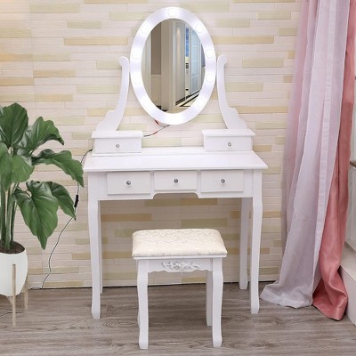 Vanity Desk with Mirror and Lights, Wood Makeup Dressing Table with Oval Mirror & Stool,3 Colors Lighting Modes