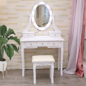 Vanity Desk with Mirror and Lights, Wood Makeup Dressing Table with Oval Mirror & Stool,3 Colors Lighting Modes - 1 of 4