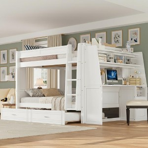 Polibi Full Size Bunk Bed with Trundle, Built-In Desk, Shelves, and Cabinet - 1 of 4