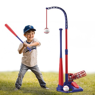 Skirfy 3-in-1 Kids Baseball Set, Ball Rack, Hanging Tee, Ball Launcher & 6 Softballs - Adjustable Height Baseball, Indoor & Outdoor Sports Gifts.