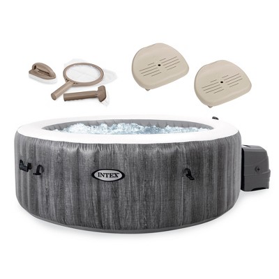 Intex PureSpa Plus Greywood Inflatable Hot Tub Jet Spa with Brush, Skimmer and Scrubber Maintenance Kit and 2 Removable Seat Spa Accessories