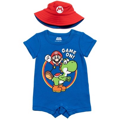 Image of SUPER MARIO Nintendo Mario Yoshi Newborn Baby Boys Romper and Bucket Sun Hat Blue / Red 0-3 Months