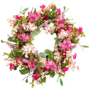 Northlight Chrysanthemum and Hydrangea Artificial Floral Spring Wreath - 23" - Pink - 1 of 4