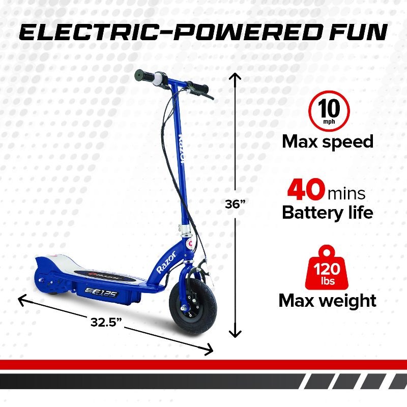 Razor E125 Kids Ride On 24V Motorized Battery Powered Electric Scooter Toy with up to 10 MPH Speed and 8 Inch Pneumatic Tires for Ages 8 Above, Blue, 5 of 7