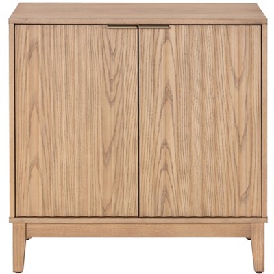 Vynxaria Mid-Century Modern 2-Door Storage Cabinet - Natural Wood Finish, Fluted Fronts & Brass Handles, Easy Assembly for Entryway/Dining/Media