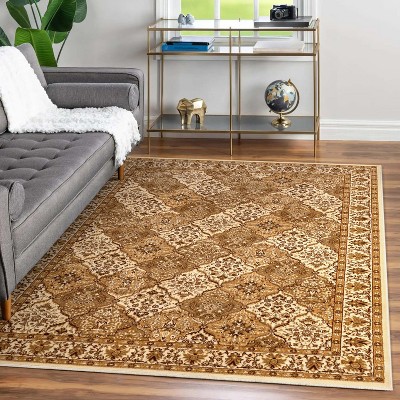 Ivory and Beige Rectangular Oriental Synthetic Area Rug