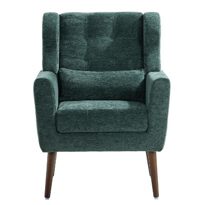 Vynxaria 19.69 Inch Freestanding Modern Accent Chairs, Blackish Green Cushioned Armrests, Pillow, Solid Wood Legs, Suited for Living Room & Bedroom