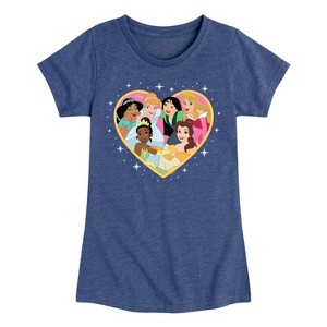 Girls' - Disney Princess - Tiana Jasmine Cinderella Rapunzel Bell Mulan Heart Fitted Short Sleeve Graphic T-Shirt - 1 of 4