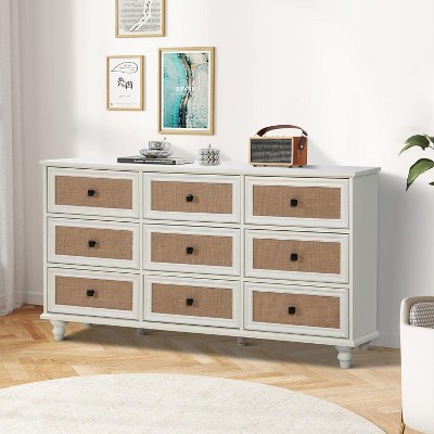 ORRD 9 Drawer Dresser for Bedroom, Mid Century Modern Wide Wood Rustic Chest of Drawers Wooden Storage Organizer Dressers with Burlap Rattan