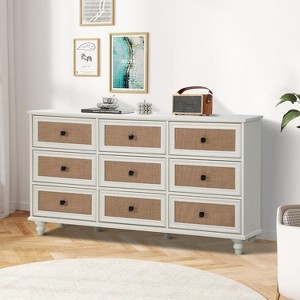 ORRD 9 Drawer Dresser for Bedroom, Mid Century Modern Wide Wood Rustic Chest of Drawers Wooden Storage Organizer Dressers with Burlap Rattan - 1 of 4