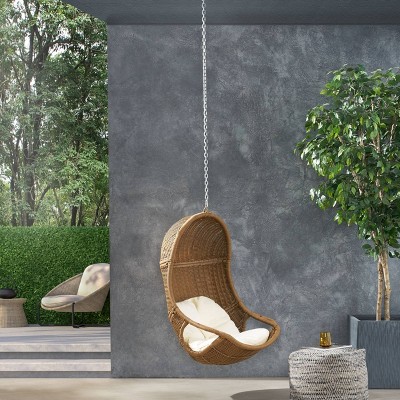 Light Brown and Beige Wicker Hanging Basket Chair with Cushions
