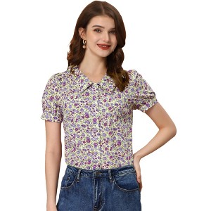 INSPIRE CHIC Women's Puff Short Sleeves Point Collar Button Down Floral Shirts - 1 of 4