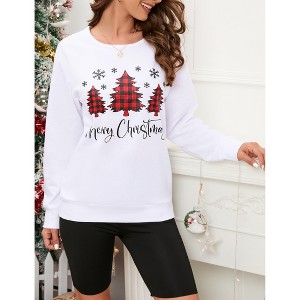 Christmas Sweatshirt for Women Long Sleeve Crewneck Xmas Plaid Tree Graphic Funny Holiday Blouse Tops - 1 of 4