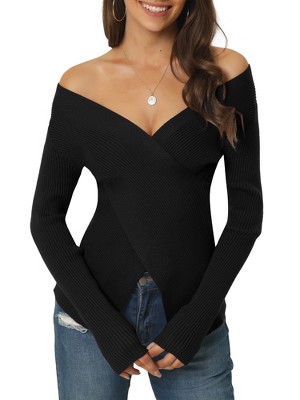 Seta T Women's V Neck Wrap Long Sleeve Criss Cross Casual Pullover Sweater