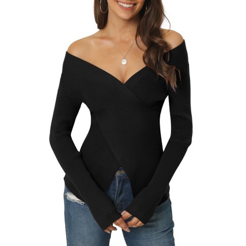 Seta T Women's V Neck Wrap Long Sleeve Criss Cross Casual Pullover Sweater  Black X-Large