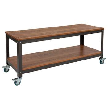 Flash Furniture Livingston Collection TV Stand in Brown Oak Wood Grain Finish with Metal Wheels