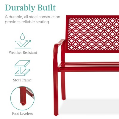 Rose Red Steel Outdoor Bench with Geometric Backrest