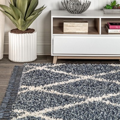 Denim Blue/Cream Moroccan Geometric Shag Area Rug, 5x8 Feet