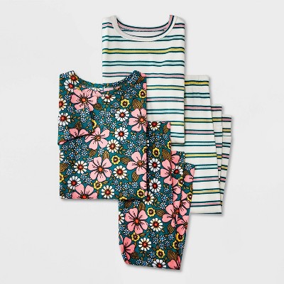 Toddler Girls' Soft Brushed Tight Fit 2pc Floral Striped Pajama Set - Cat & Jack™ Green 18M