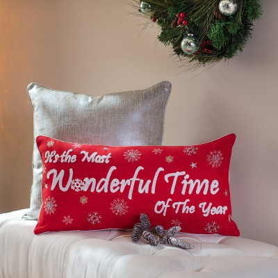Red Embroidered Christmas Lumbar Pillow Cover with Snowflakes