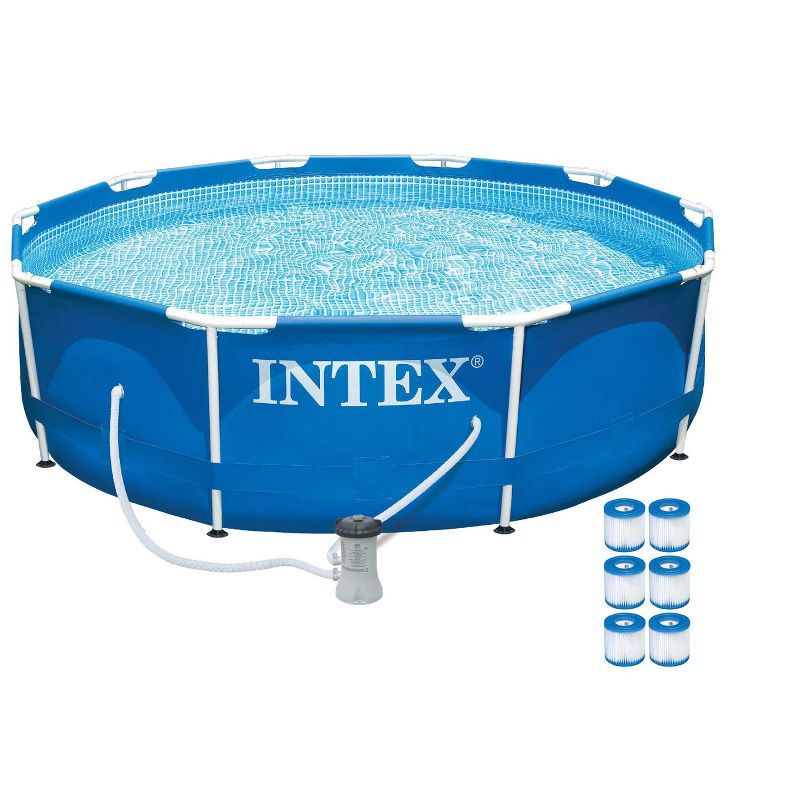 Intex 28201EH 10ft x 30in 4 Person Metal Frame Outdoor Above Ground Round Swimming Pool with Filter Pump and 6 Type H Replacement Filter Cartridges, 1 of 7