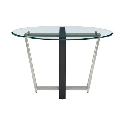 Devi 48" Round Glass Dining Table with Black Iron and Stainless Steel Base