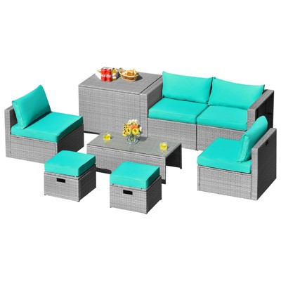Tangkula 8 Pieces All-Weather PE Rattan Patio Furniture Set Outdoor Space-Saving Sectional Sofa Set with Storage Box