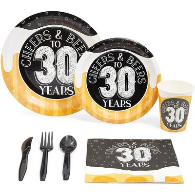 Sparkle and Bash 168-Piece Cheers and Beers to 30 Years Party Decorations, 30th Birthday Plates, Napkins, Cups, Cutlery Set, Serves 24
