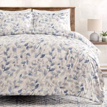 Chanasya Blue Layered Leaf Botanical Reversible Comforter Bedding Set