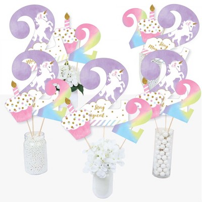 Big Dot of Happiness 2nd Birthday Rainbow Unicorn - Magical Unicorn Second Birthday Party Centerpiece Sticks - Table Toppers - Set of 15