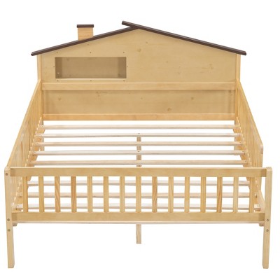 TIRAMISUBEST Full Size House Bed with LED Lights & Storage, Natural Wood Platform Bed