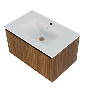 SEVOBAL Bathroom Sinks Wall Mount Vanity with Double Drawers Soft Close System Modern Storage for Home Use, Brown, 29.13"*17.91"*15.75" - 1 of 4