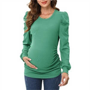 Clearlove Women’s Maternity Puff Sleeve Top Long Sleeve Round Neck Stretchy Ruched Side Pregnancy Shirt - 1 of 4