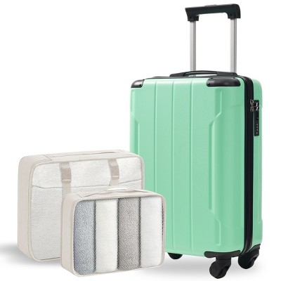 FURNIinspire Bag And Luggage Sets 20 Inch Luggage Set, Lightweight Checked Suitcase with 2 Mesh Bag Travel, Creamy Green, 8.3"*13.6"*21.5"