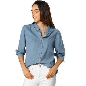 Allegra K Women's Classic Long Sleeve Loose Fit Button Up Denim Shirt