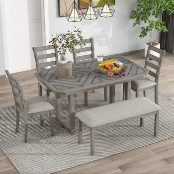 6 PCS Rubber Wood Dining Table Set with Beautiful Wood Grain Veneer Tabletop and Soft Cushion-ModernLuxe