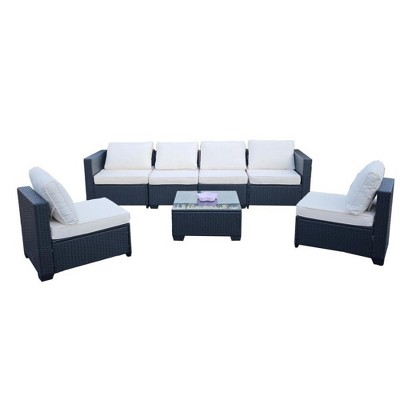 Chic Crate-7-Piece Outdoor PE Rattan Convertible Sofa Set - Black Frame & Beige Cushions, Waterproof Patio Furniture with Coffee Table