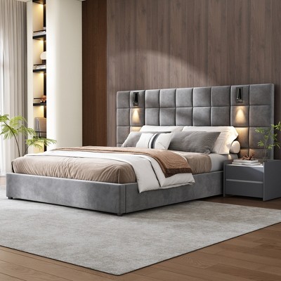 King/Queen Size Upholstered Platform Bed Frame with Wide Headboard, Reading Lamp and USB Port, Velvet, Gray - ModernLuxe