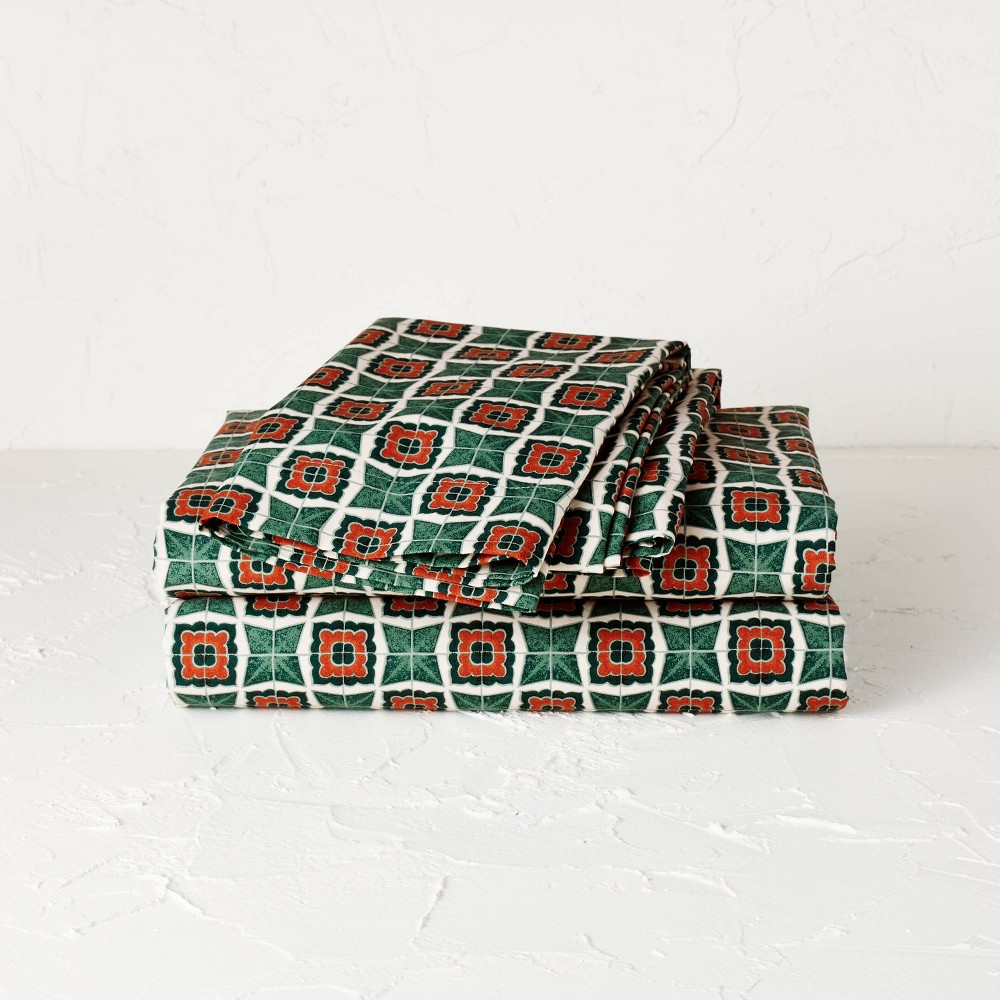 Queen Printed Cotton Percale Sheet Set Jade/Rust Tile - Opalhouse™ designed with Jungalow™